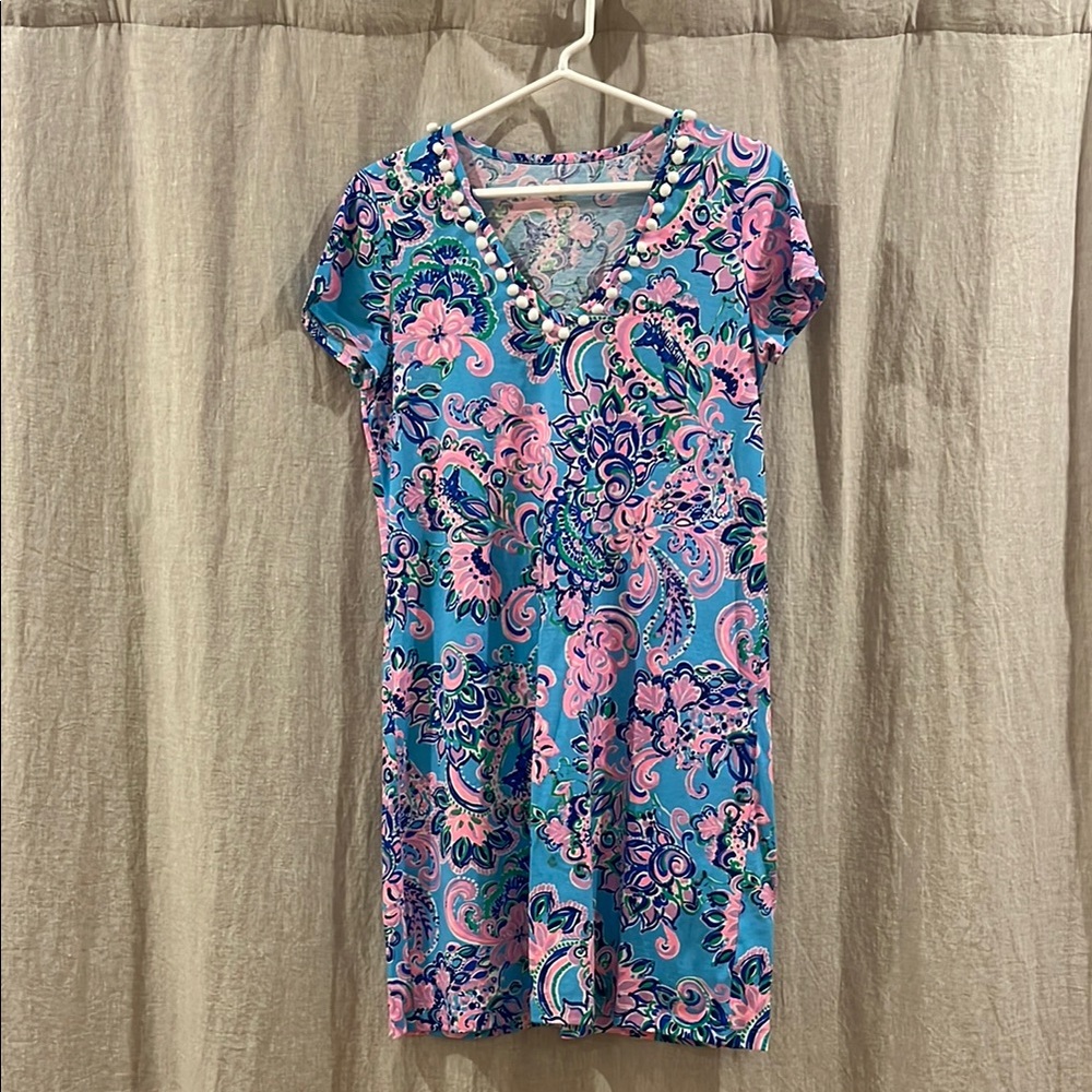 Lilly Pulitzer Pink and Blue Flutter Sleeve Sheath Dress